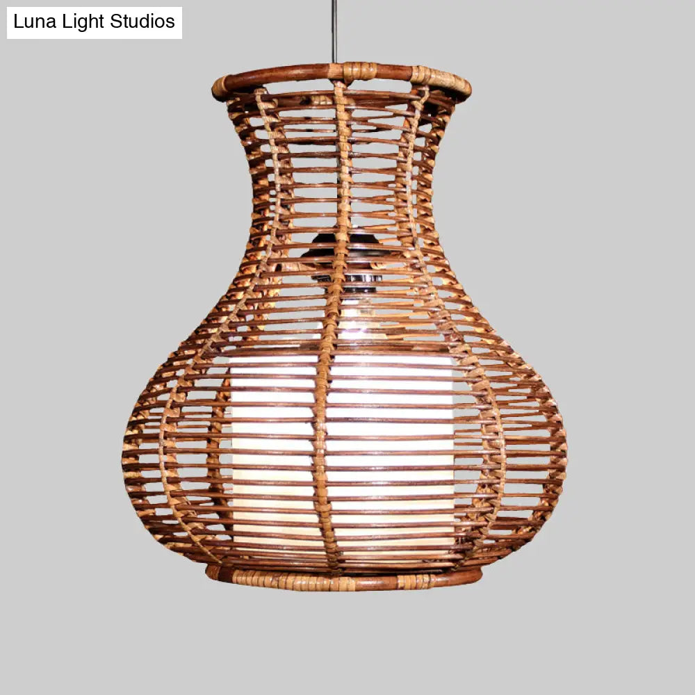 Gourd Hanging Light: Chinese Bamboo Pendant Fixture (1 Head Brown) - Ideal For Living Room