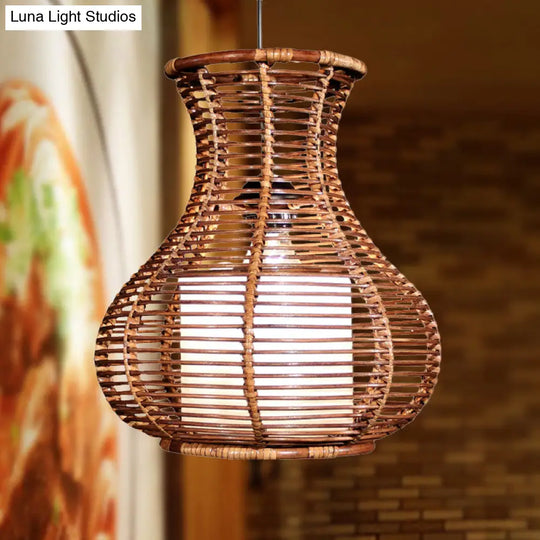 Gourd Hanging Light: Chinese Bamboo Pendant Fixture (1 Head Brown) - Ideal For Living Room