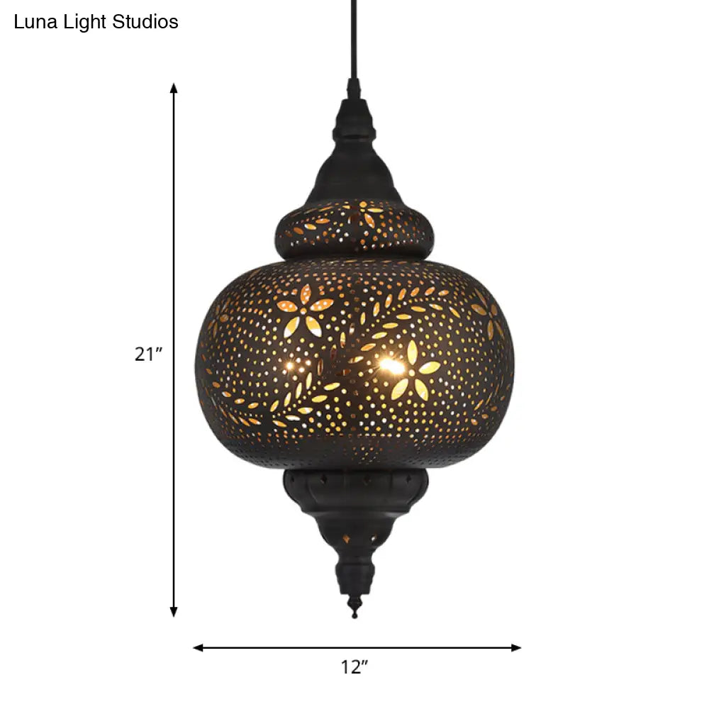 Gourd Hanging Light: Traditional Metal Pendant Fixture In Black 10/12 Wide