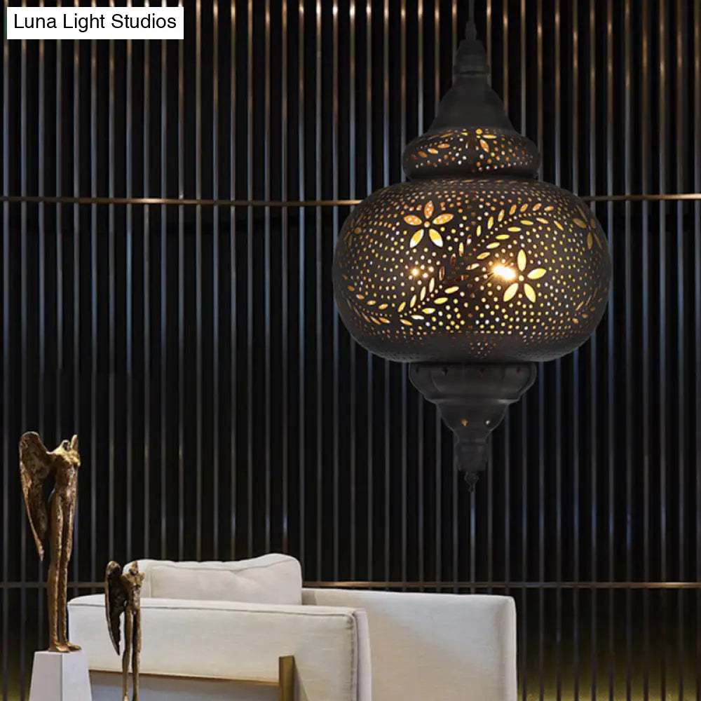 Gourd Hanging Light: Traditional Metal Pendant Fixture In Black 10/12 Wide