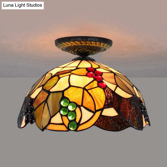 Grape Ceiling Lighting Tiffany Brass Stained Glass Flush Mount Light 1-Light 12/16 Width / 12