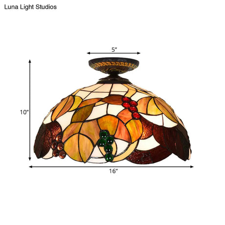 Grape Ceiling Lighting Tiffany Brass Stained Glass Flush Mount Light 1-Light 12’/16’ Width