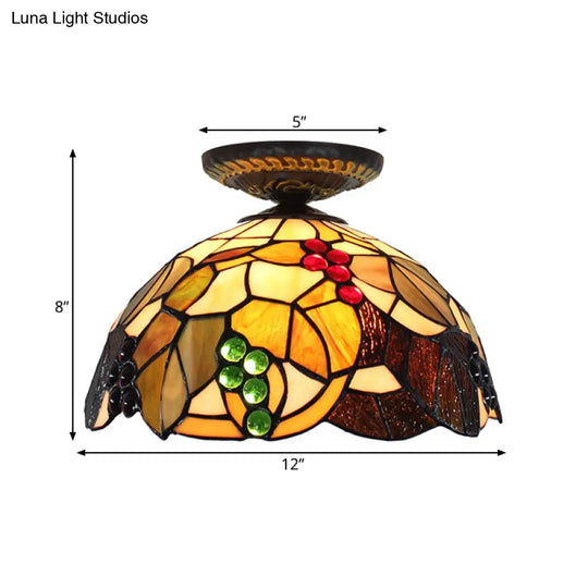 Grape Ceiling Lighting Tiffany Brass Stained Glass Flush Mount Light 1-Light 12’/16’ Width