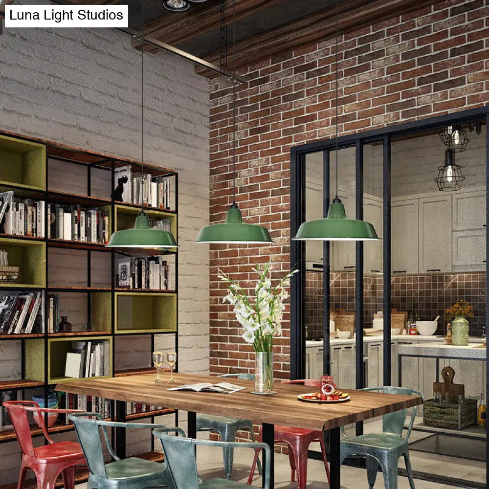 Barn Shaped Pendant Lamp: Green Finish Loft Style Metal 1 Bulb Dining Room Suspension Light