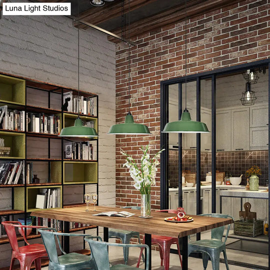 Barn Shaped Pendant Lamp: Green Finish Loft Style Metal 1 Bulb Dining Room Suspension Light