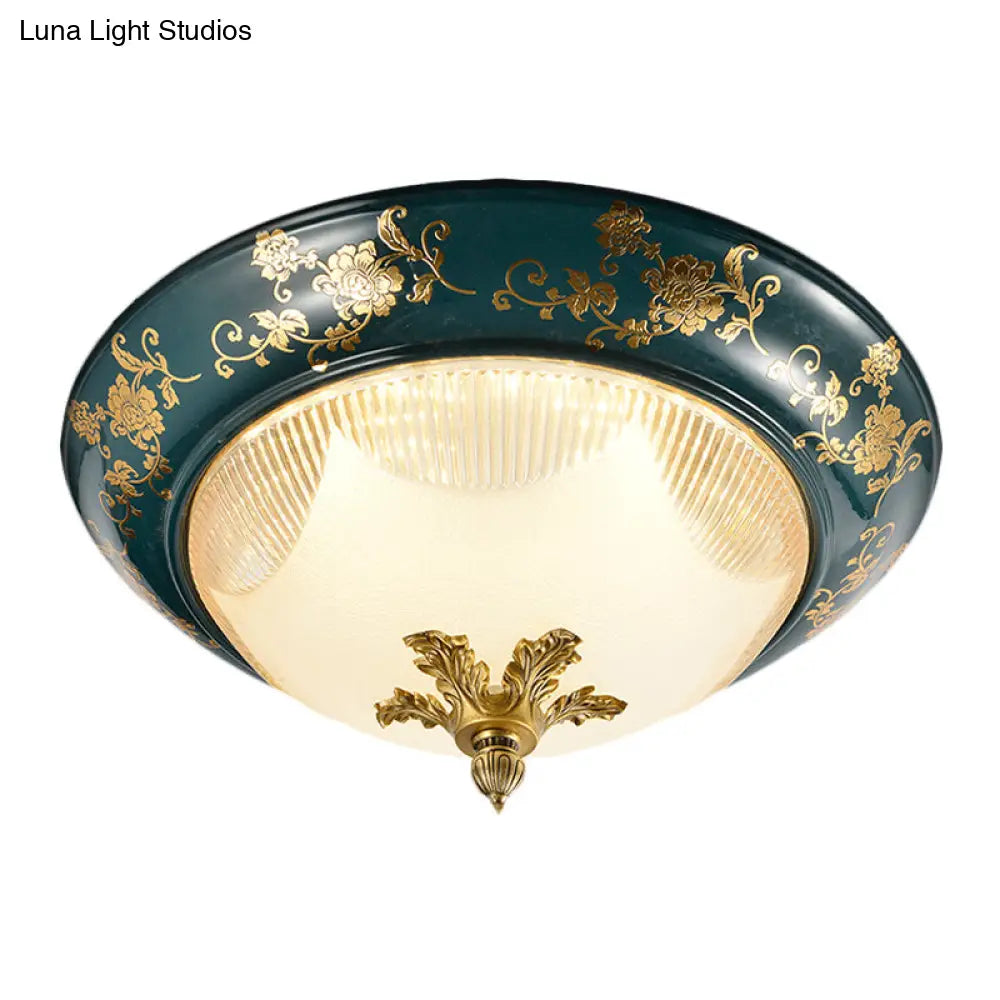 Green Bloom Pattern Ceiling Fixture With 3 Ribbed Glass Shades - Classic Round Design