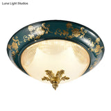 Green Bloom Pattern Ceiling Fixture With 3 Ribbed Glass Shades - Classic Round Design