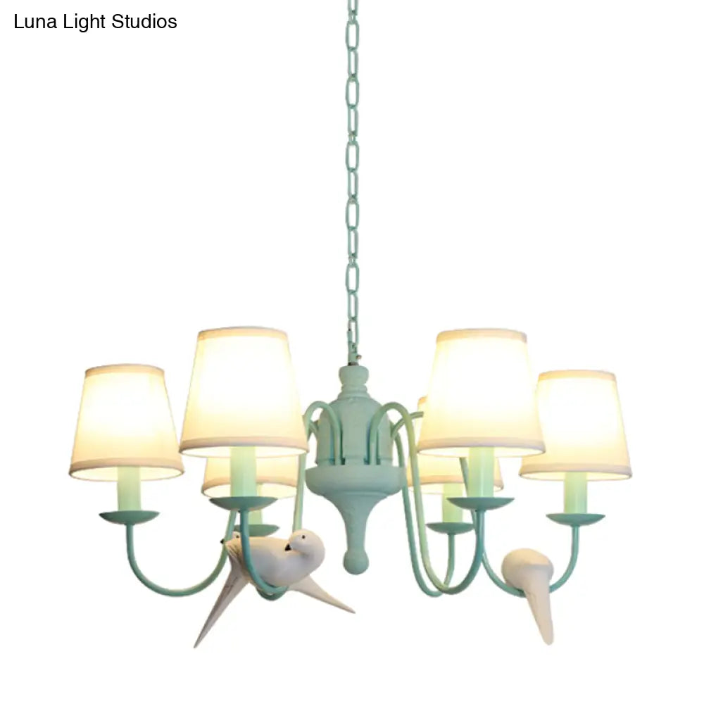 Green Fabric Tapered Shade Chandelier: Vivid Bird Design 6 Lights - Contemporary Hanging Light