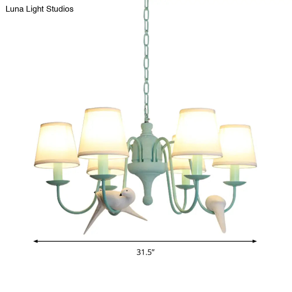 Green Fabric Tapered Shade Chandelier: Vivid Bird Design 6 Lights - Contemporary Hanging Light