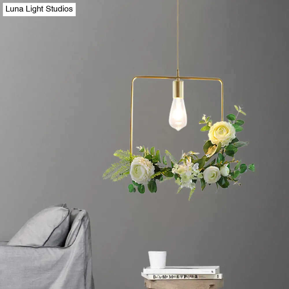 Green Farmhouse Fake Floral Ceiling Lamp: 1-Light Metallic Pendant With Triangle/Square/Linear Frame