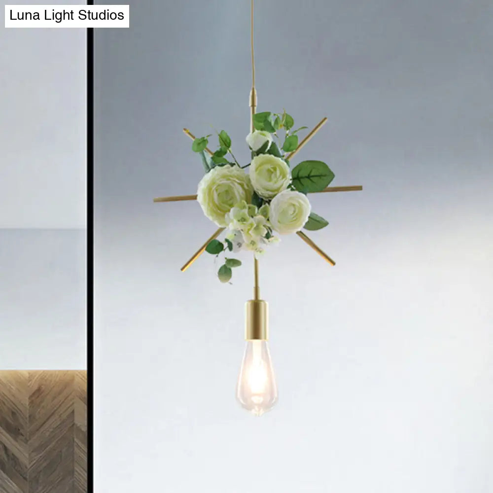 Rustic Green 1-Light Metallic Pendant Ceiling Lamp With Fake Floral Design