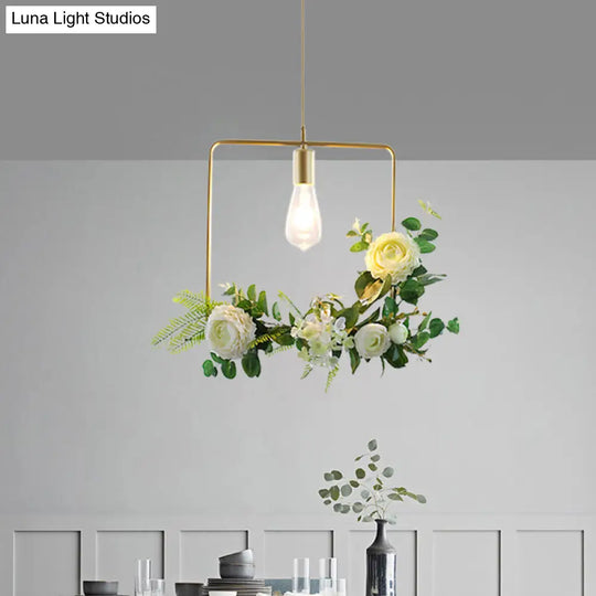 Rustic Green 1-Light Metallic Pendant Ceiling Lamp With Fake Floral Design
