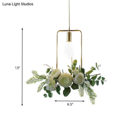 Green Farmhouse Fake Floral Ceiling Lamp: 1-Light Metallic Pendant With Triangle/Square/Linear Frame