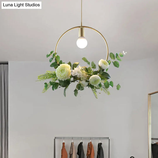 Rustic Green 1-Light Metallic Pendant Ceiling Lamp With Fake Floral Design