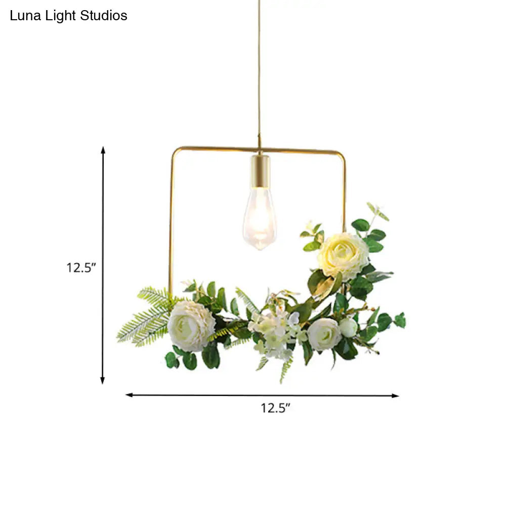 Rustic Green 1-Light Metallic Pendant Ceiling Lamp With Fake Floral Design
