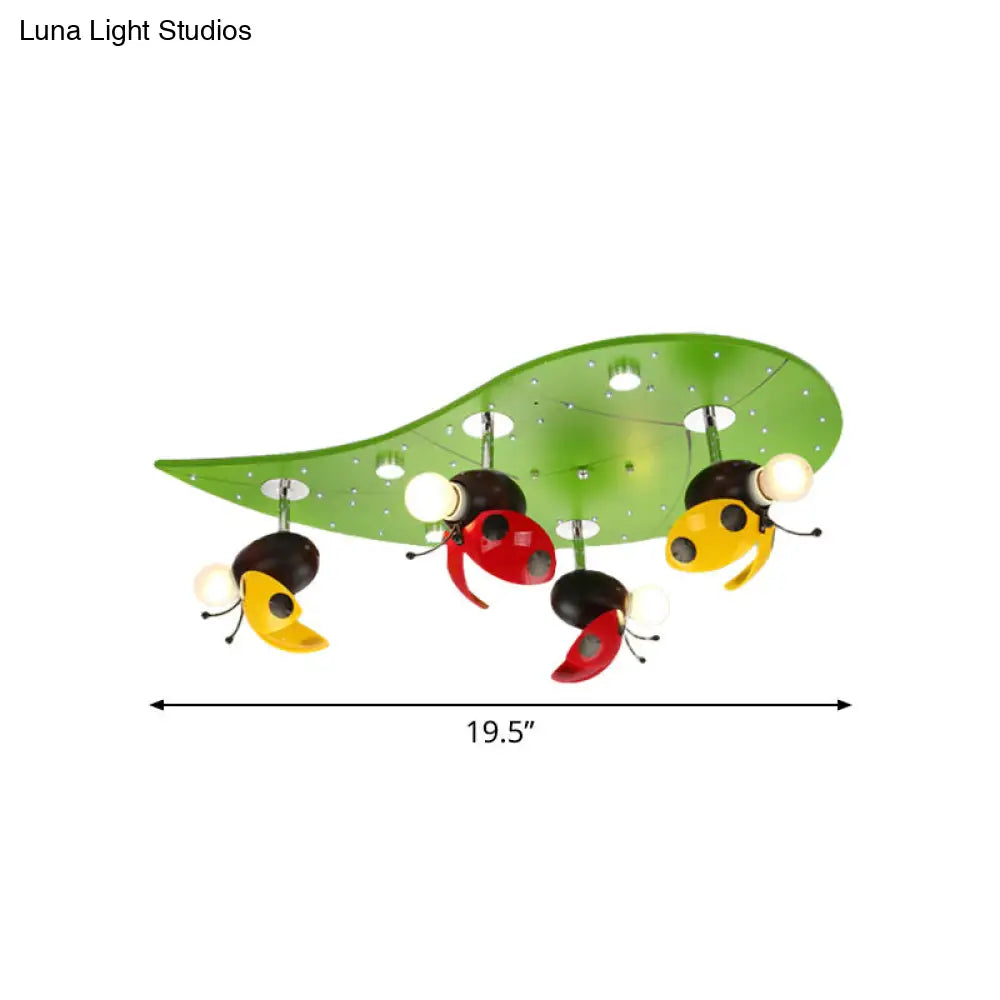 Green Ladybug Rest On Leaf Ceiling Light - Kid Iron 4-Bulb Bedroom Semi Flush Mount