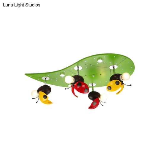Green Ladybug Rest On Leaf Ceiling Light - Kid Iron 4 - Bulb Bedroom Semi Flush Mount