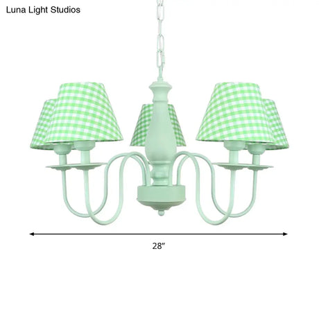 Green Macaron Loft Plaid Shade Chandelier - Metal 4-Light Hanging Light For Nursing Room