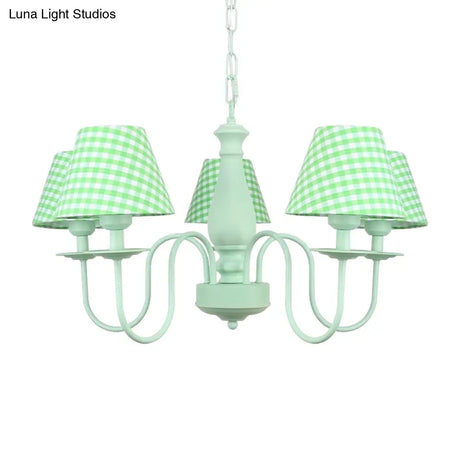 Green Macaron Loft Plaid Shade Chandelier - Metal 4-Light Hanging Light For Nursing Room