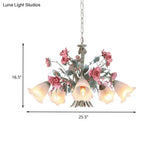 Green Metal Chandelier Light Fixture - Countryside Rose Down Lighting For Living Room (5/8 Bulbs)