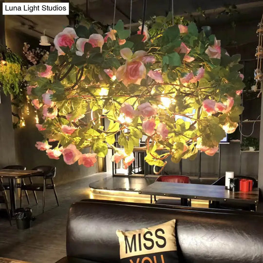 Industrial Green Metal Chandelier With 3 Led Lights For Restaurants - Flower-Inspired Ceiling Lamp