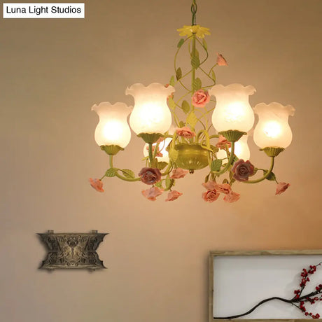 Green Milk Glass Bloom Chandelier - Traditional 6-Head Pendant Light For Living Room