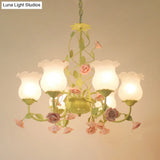 Green Milk Glass Bloom Chandelier - Traditional 6-Head Pendant Light For Living Room