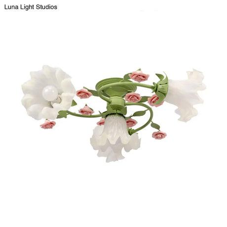 Green Milk Glass Scalloped Ceiling Light Fixture - Pastoral Style Semi Flush Mount With 4 Heads
