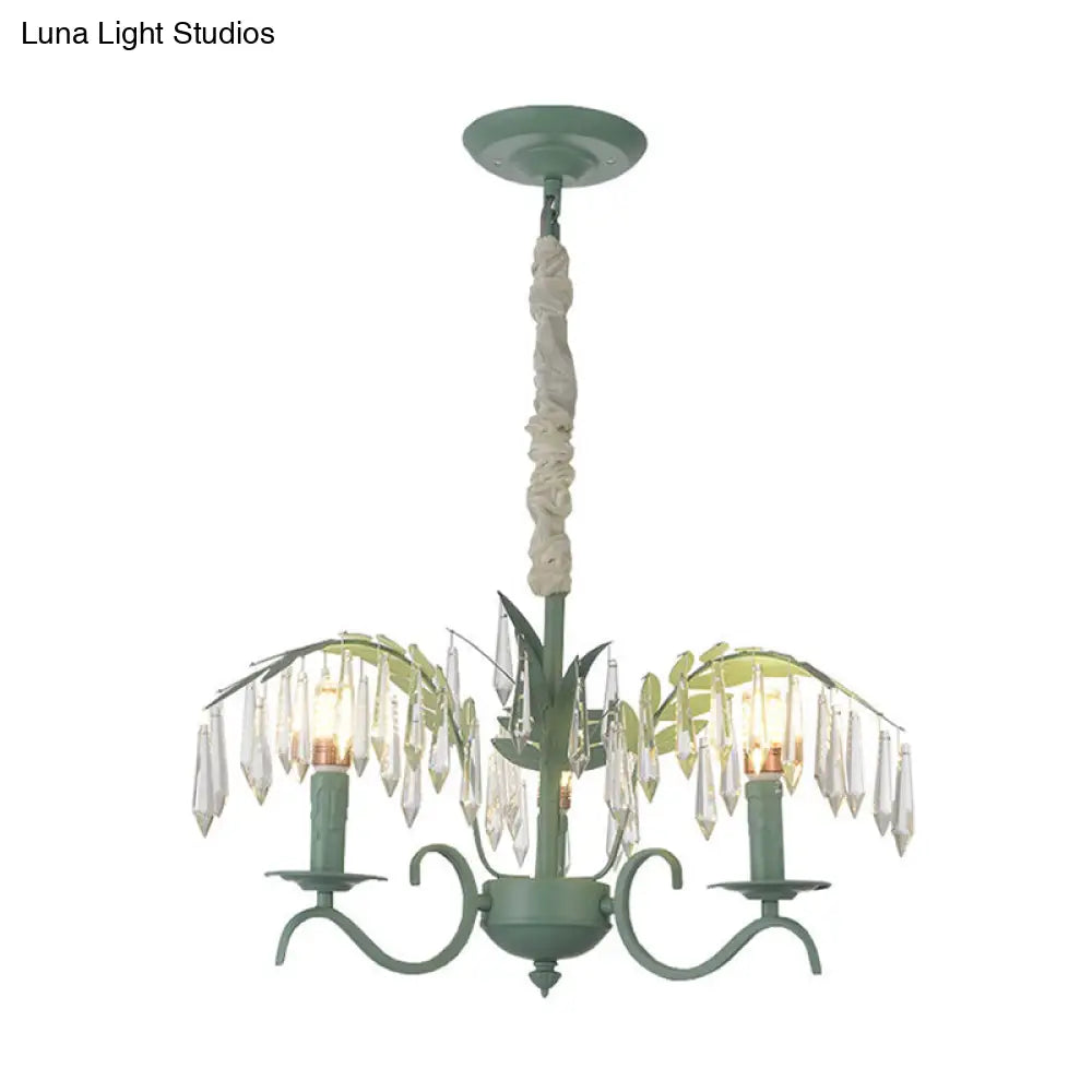Green Nordic Chandelier: Metal Candle Hanging Light With Leaf & Crystal Detail - 3 Lights Ideal For
