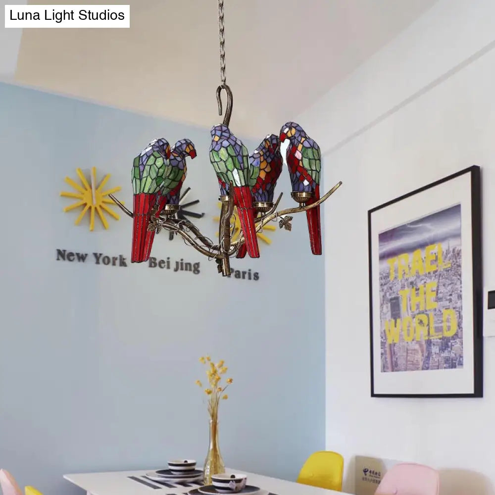 Green Parrot Chandelier - 5-Light Cut Glass Suspension Lamp For Living Room