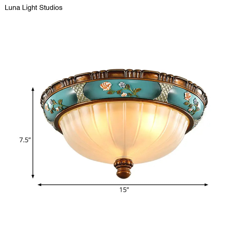 Green Retro Ribbed Glass Flush Mount Ceiling Light With Hemispherical Embossed Flower Design -
