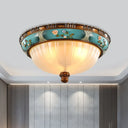 Green Retro Ribbed Glass Flush Mount Ceiling Light With Hemispherical Embossed Flower Design -