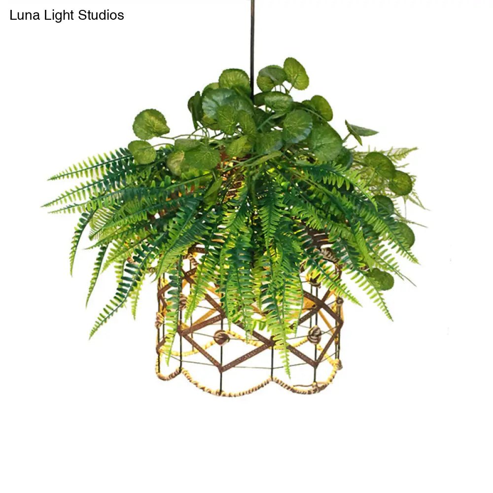 Green Retro Scalloped Cage Ceiling Lamp With Plant Decoration - Downlighting