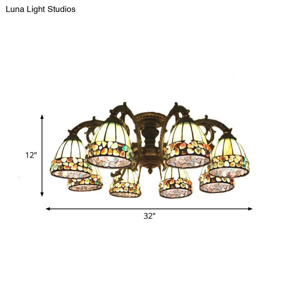 Green Stained Art Glass Dome Semi Flush Ceiling Light With 5/8 Lights - Tiffany Inspired