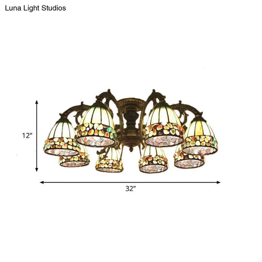 Green Stained Art Glass Dome Semi Flush Ceiling Light With 5/8 Lights - Tiffany Inspired