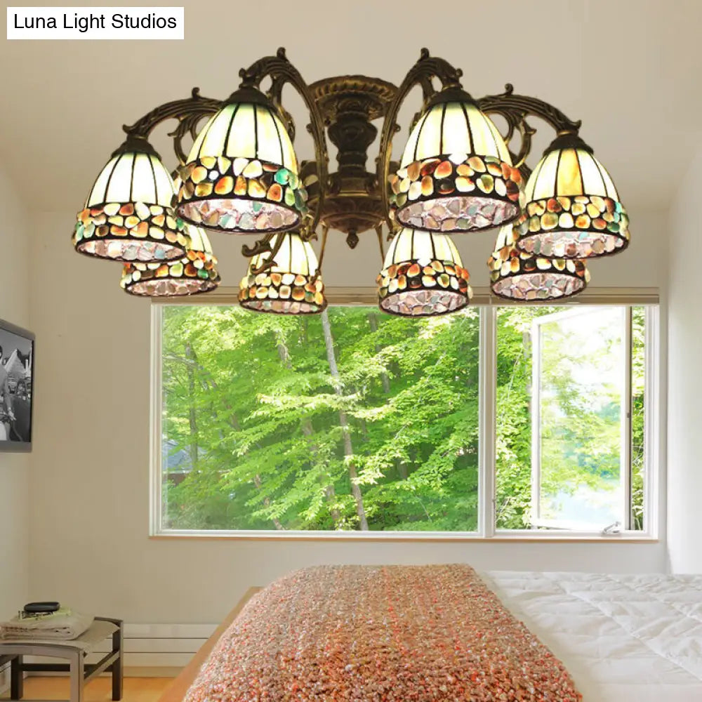 Green Stained Art Glass Dome Semi Flush Ceiling Light With 5/8 Lights - Tiffany Inspired 8 /