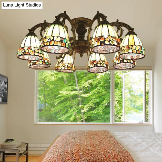 Green Stained Art Glass Dome Semi Flush Ceiling Light With 5/8 Lights - Tiffany Inspired 8 /