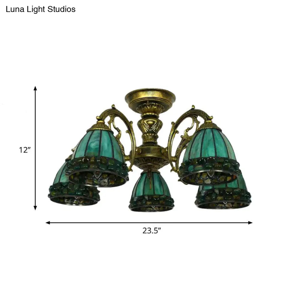 Green Stained Art Glass Dome Semi Flush Ceiling Light With 5/8 Lights - Tiffany Inspired