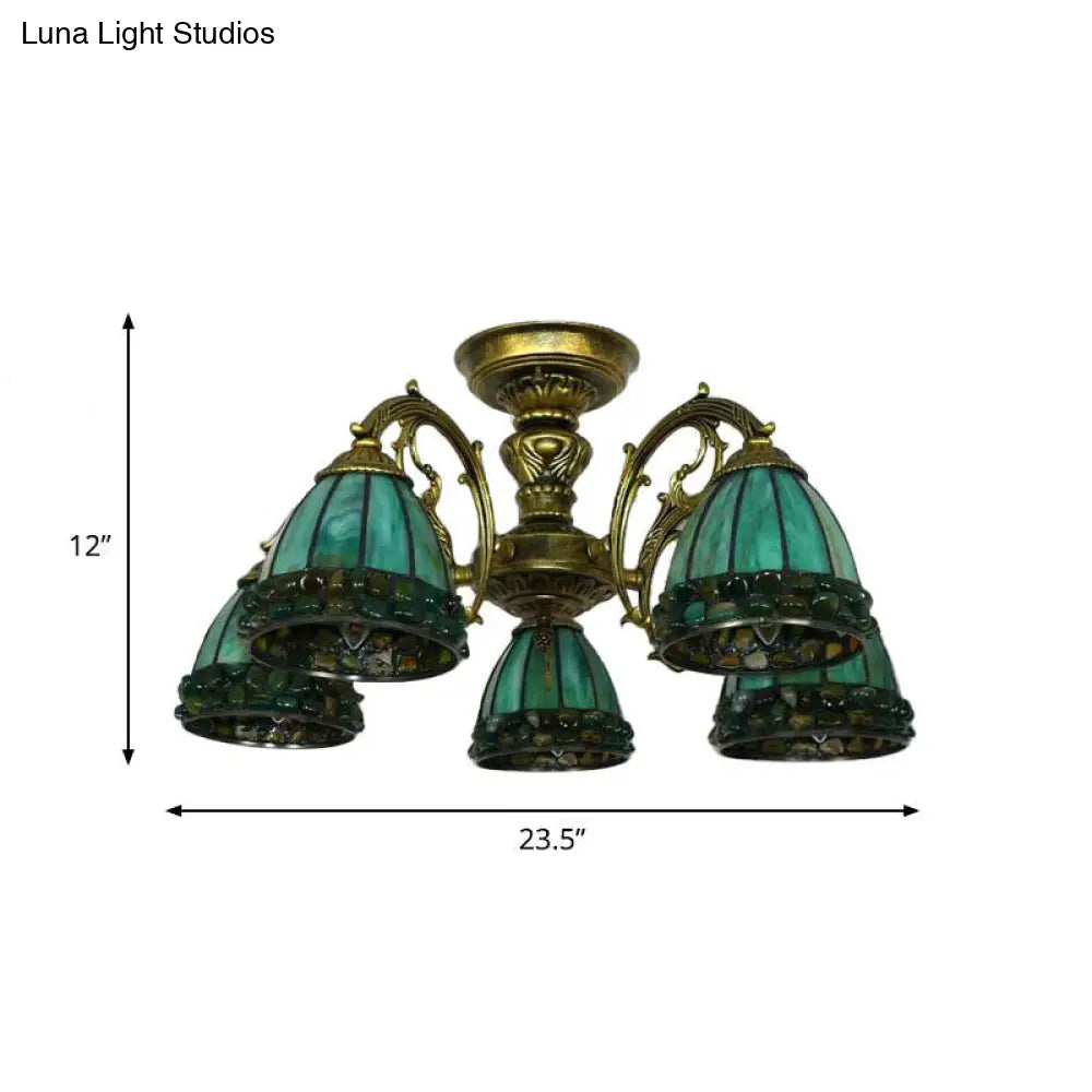 Green Stained Art Glass Dome Semi Flush Ceiling Light With 5/8 Lights - Tiffany Inspired