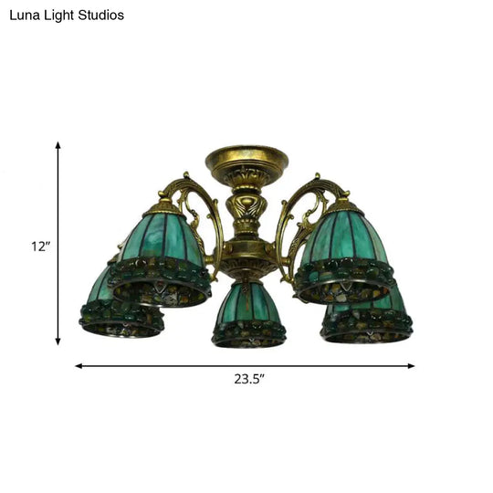 Green Stained Art Glass Dome Semi Flush Ceiling Light With 5/8 Lights - Tiffany Inspired