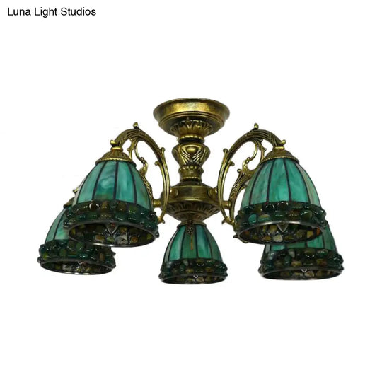 Green Stained Art Glass Dome Semi Flush Ceiling Light With 5/8 Lights - Tiffany Inspired 5 /