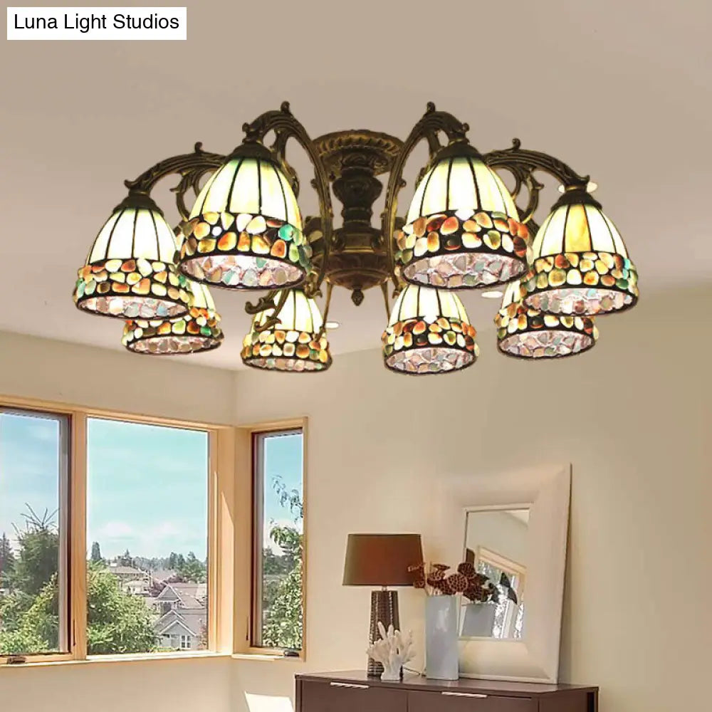 Green Stained Art Glass Dome Semi Flush Ceiling Light With 5/8 Lights - Tiffany Inspired