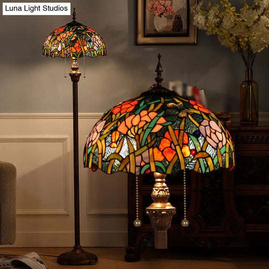 Green Stained Glass Bowl Pull Chain Floor Lamp - 2 Heads Stand Decorative Flower Light