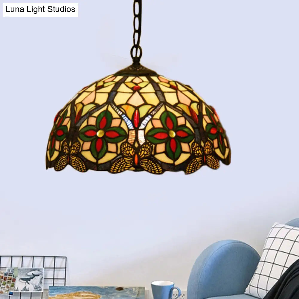 Green Stained Glass Pendant Light With Tiffany Bowl Design In Flower Pattern
