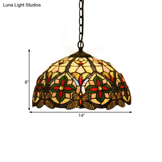 Green Stained Glass Pendant Light With Tiffany Bowl Design In Flower Pattern
