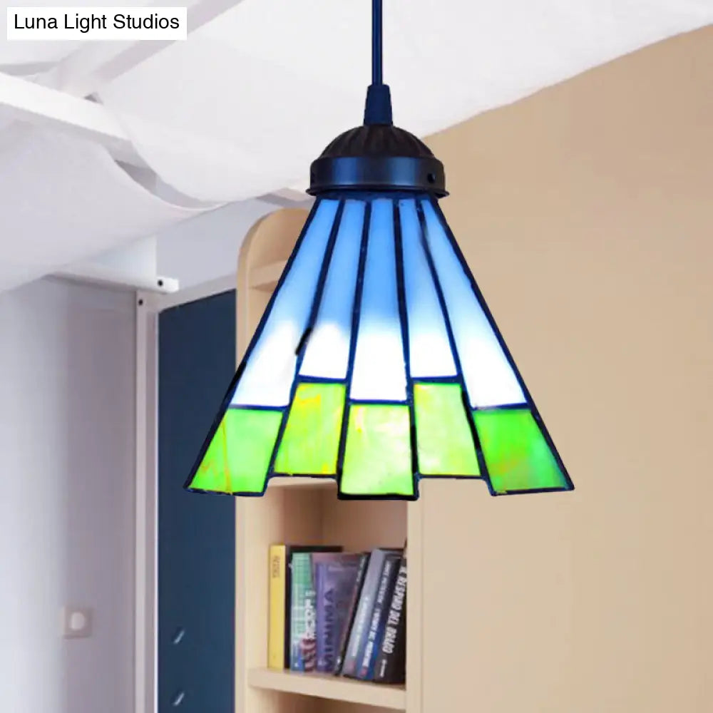 Tiffany Stained Glass Pendant Light For Living Room - Multicolored 1 Head Green Tapered Design