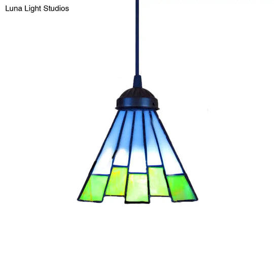 Tiffany Stained Glass Pendant Light For Living Room - Multicolored 1 Head Green Tapered Design