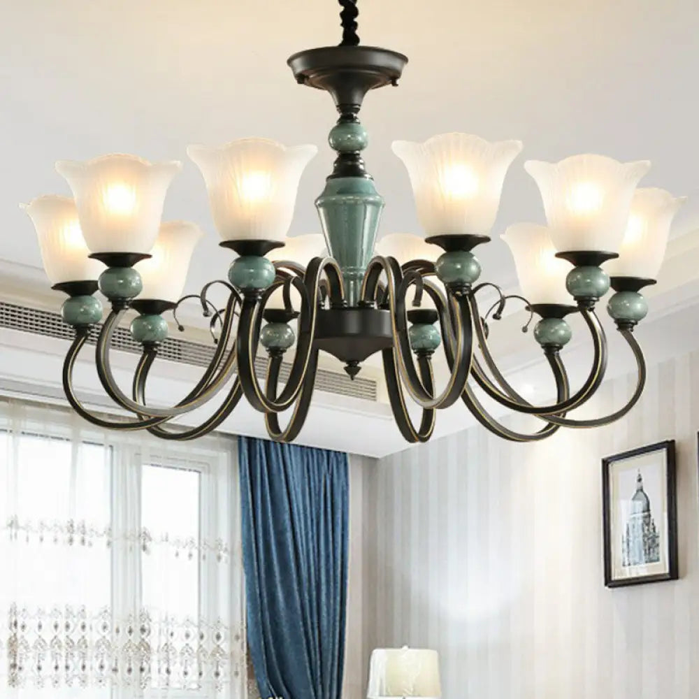 Green Vintage Floral Frosted Opal Glass Chandelier Pendant Light For Living Room 10 / Up