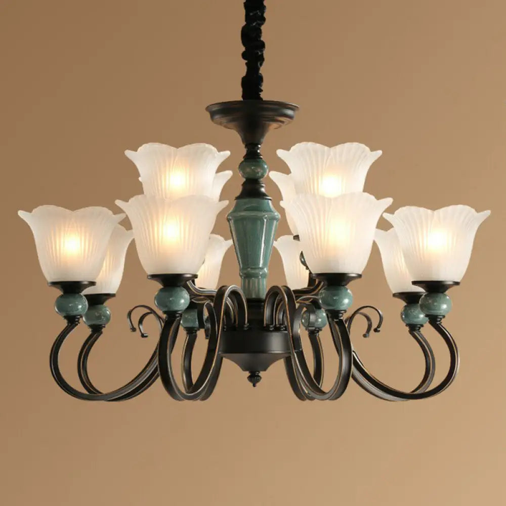 Green Vintage Floral Frosted Opal Glass Chandelier Pendant Light For Living Room 12 / Up