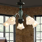 Green Vintage Floral Frosted Opal Glass Chandelier Pendant Light For Living Room 5 / Down
